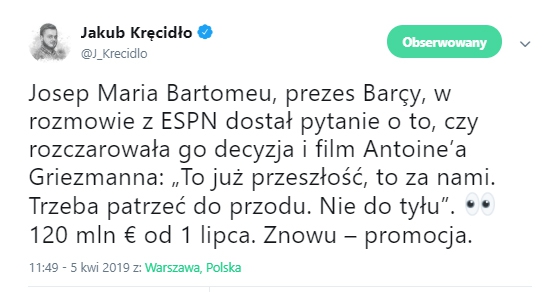 Ciekawa odpowiedź Bartomeu nt. Griezmanna! :D